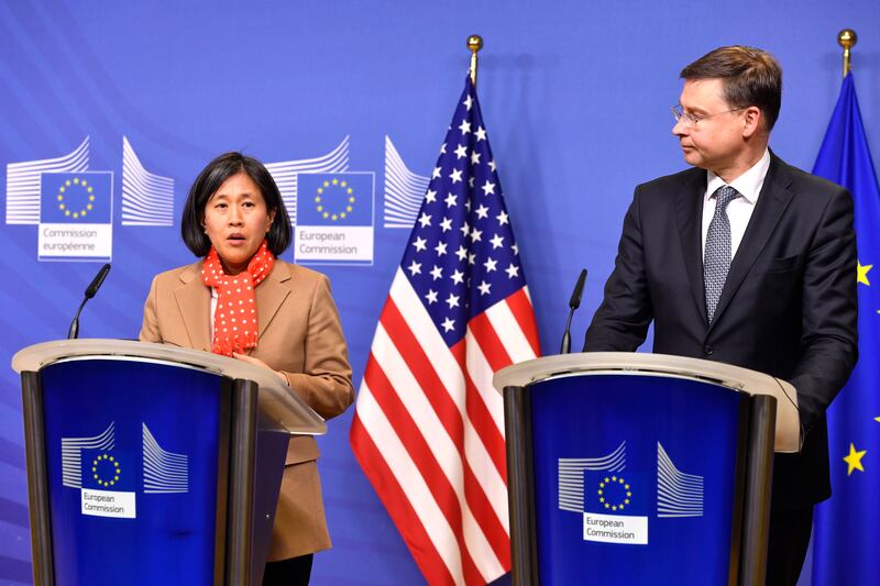 European Commission executive vice president Valdis Dombrovskis with US trade representative Katherine Tai in Brussels on Tuesday. AP