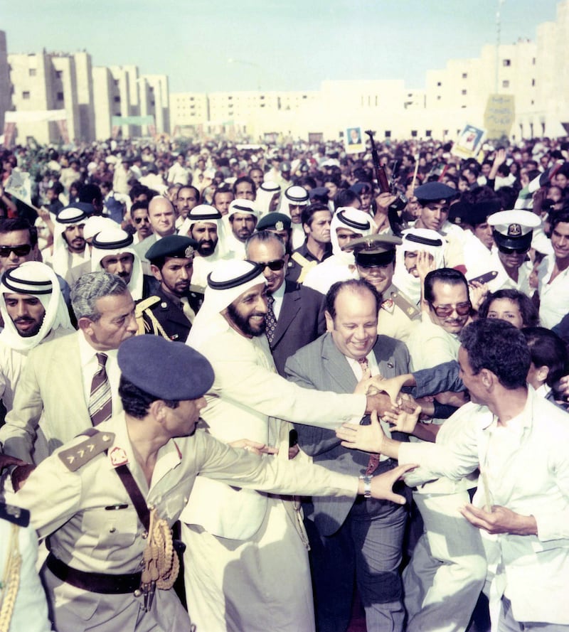 Sheikh Zayed Bin Sultan Al Nahyan during a visit to ‘Sheikh Zayed City’ in Ismailia, Egypt, 27th October 1976 
National Archives images supplied by the Ministry of Presidential Affairs to mark the 50th anniverary of Sheikh Zayed Bin Sultan Al Nahyan becaming the Ruler of Abu Dhabi. *** Local Caption ***  34.jpg