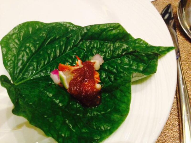 Miang Kham: Thai street food-turned appetiser, which is served on a betel leaf at Pachaylen, the Thai restaurant at Eastern Mangroves Resort & Spa (Photo by Ann Marie McQueen)