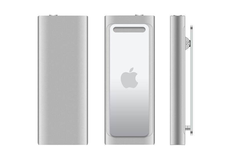 The Apple iPod shuffle 3rd generation was released March 11, 2009. A shape change saw it go back to rectangular. It included Apple's new VoiceOver feature, with song title, artist, and playlist title spoken aloud. Photo: Apple