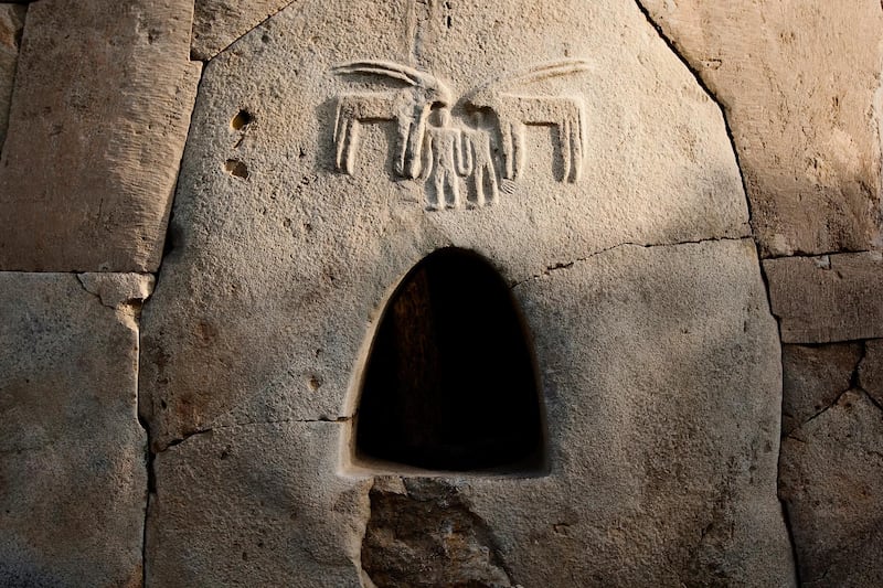 July 25, 2011, Abu Dhabi, UAE:

Inside of the Hili Archeological park is an ancient tomb built centuries ago. Mysterious relief on the wall reveal the creator's affinity with animals. This site along with others, has now come under the protection of UNESCO. 

The tomb's relief

Lee Hoagland/The National