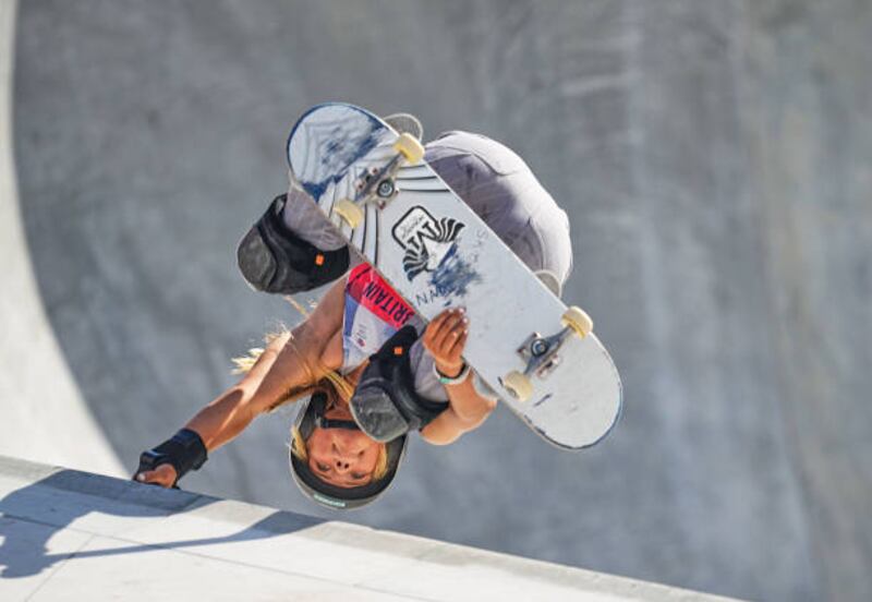 Sky Brown from Great Britain during women's park skateboard at the Olympics at Ariake Urban Park, Tokyo.