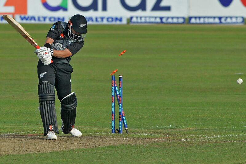 New Zealand's Ajaz Patel is bowled during the first T20 at the Sher-e-Bangla National Stadium in Dhaka. AFP