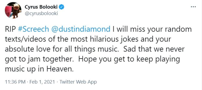 Cyrus Bolooki, the drummer for US rock band New found Glory, tweeted that he would miss Diamond's famous sense of humour. Twitter