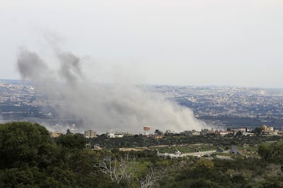 Smoke billows from the site of an Israeli airstrike on the southern Lebanese village of Al Mansuri last week. AFP