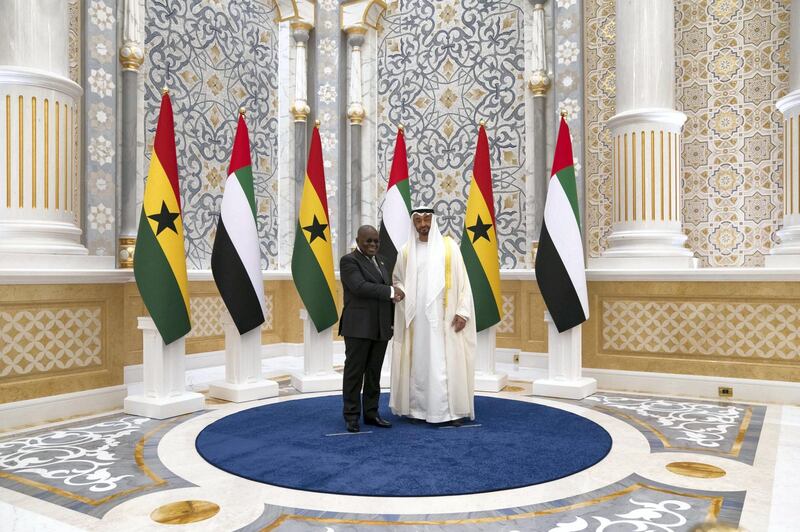 Sheikh Mohamed bin Zayed, Crown Prince of Abu Dhabi and Deputy Supreme Commander of the UAE Armed Forces, meets President Nana Akufo-Addo of Ghana at Qasr Al Watan on Monday. Courtesy Ministry of Presidential Affairs