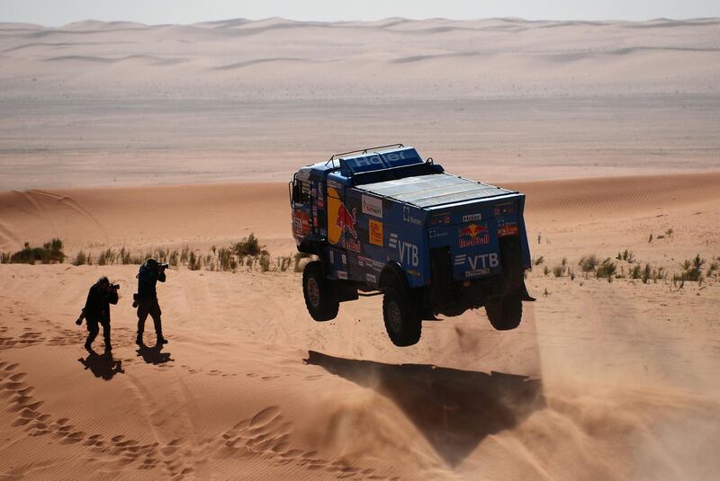 Kamaz' Russia driver Andrey Karginov, co-driver Andrey Mokeev and Igor Lenonov compete during the Stage 6 of the Dakar 2020 between Ha'il and Riyadh, Saudi Arabia.  AFP