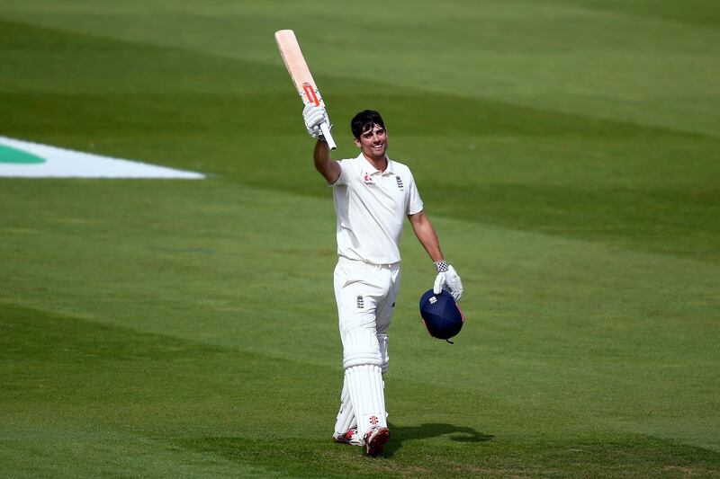 LONDON, ENGLAND - SEPTEMBER 10:  Alastair Cook of England celebrates reaching his century during day four of the Specsavers 5th Test match between England and India at The Kia Oval on September 10, 2018 in London, England.  (Photo by Jordan Mansfield/Getty Images)