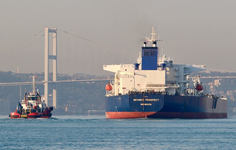 A Russian crude oil tanker transits the Bosphorus in Istanbul, Turkey. Reuters