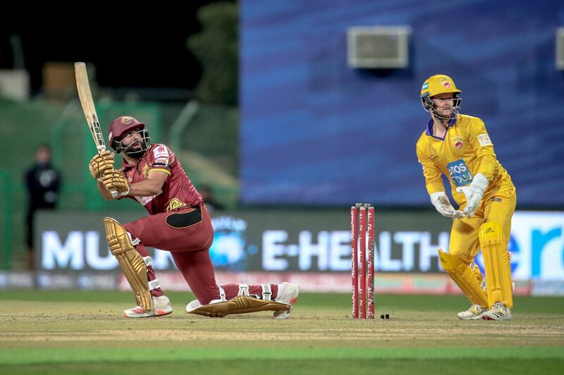 Mohammed Waseem goes down on his knees to send one over the boundary ropes in Northern Warriors’ victory over Team Abu Dhabi in the Abu Dhabi T10 at Zayed Cricket stadium on Monday, February 1, 2021. Courtesy Abu Dhabi T10.