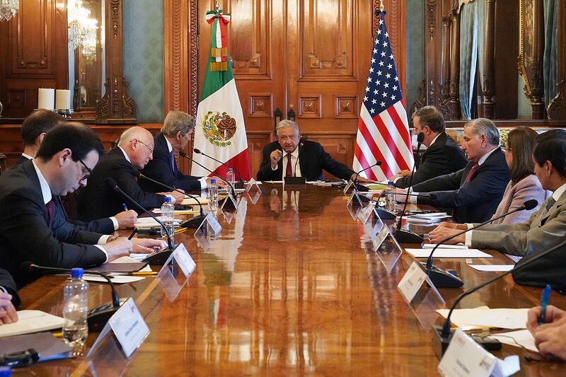 Mexican President Andres Manuel Lopez Obrador, centre, and the US special presidential envoy for climate John Kerry, centre left, during a meeting at the National Palace in Mexico City this week. EPA