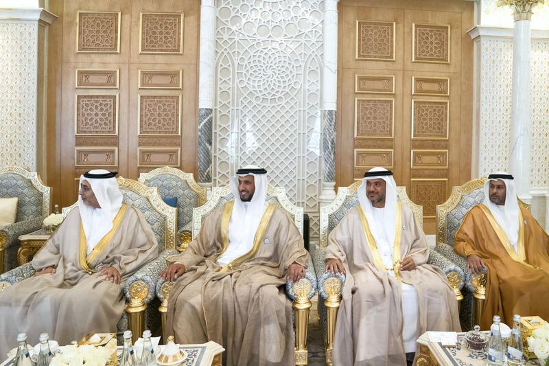 ABU DHABI, UNITED ARAB EMIRATES - October 21, 2018: (L-R) HE Riyad Abdulrahman Al Mubarak, Chairman of the Abu Dhabi Department of Finance and Abu Dhabi Executive Council Member, HE Sheikh Abdulla bin Mohamed Al Hamed, Chairman of Energy Authority and Abu Dhabi Executive Council Member, HE Awaidha Murshed Al Murar, Chairman of the Department of Energy and Abu Dhabi Executive Council Member and HE Saif Mohamed Al Hajeri, Chairman of Department of Economic Development, and Abu Dhabi Executive Council Member,  attend a meeting with HE Boyko Borisov, Prime Minister of Bulgaria (not shown), at at the Presidential Palace.
( Mohamed Al Hammadi / Crown Prince Court - Abu Dhabi )
---