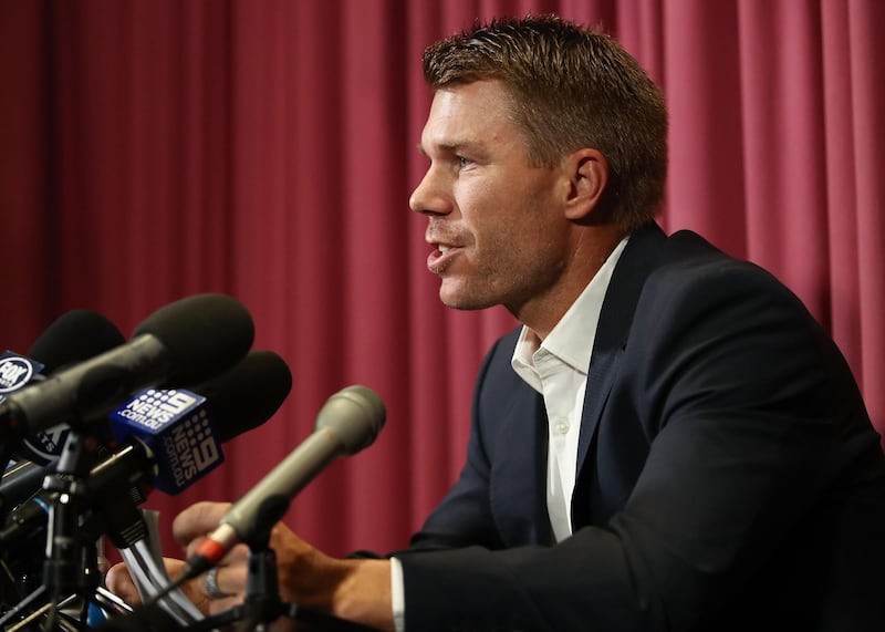 SYDNEY, AUSTRALIA - MARCH 31:  Australian cricketer David Warner speaks to the media during a press conference at Cricket NSW Offices on March 31, 2018 in Sydney, Australia. Warner was banned from cricket for one year by Cricket Australia following the ball tampering incident in South Africa.  (Photo by Brendon Thorne/Getty Images)