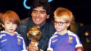 Diego Maradona with his 1986 World Cup Adidas Golden Ball Trophy. Presse Sports