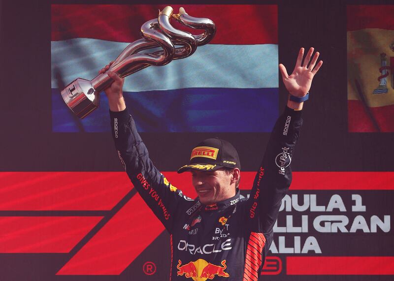 Max Verstappen of Red Bull celebrates after winning the Italian Grand Prix at Monza on Sunday, September 3, 2023. Getty