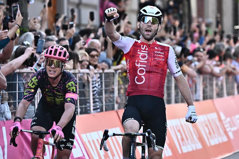 Cofidis rider Benjamin Thomas celebrates after winning Stage 5 of the Giro d'Italia on May 8, 2024. EPA