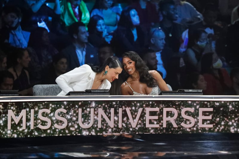 Judges Adriana Lima, left, and Lori Harvey at the 70th Miss Universe pageant. AP Photo
