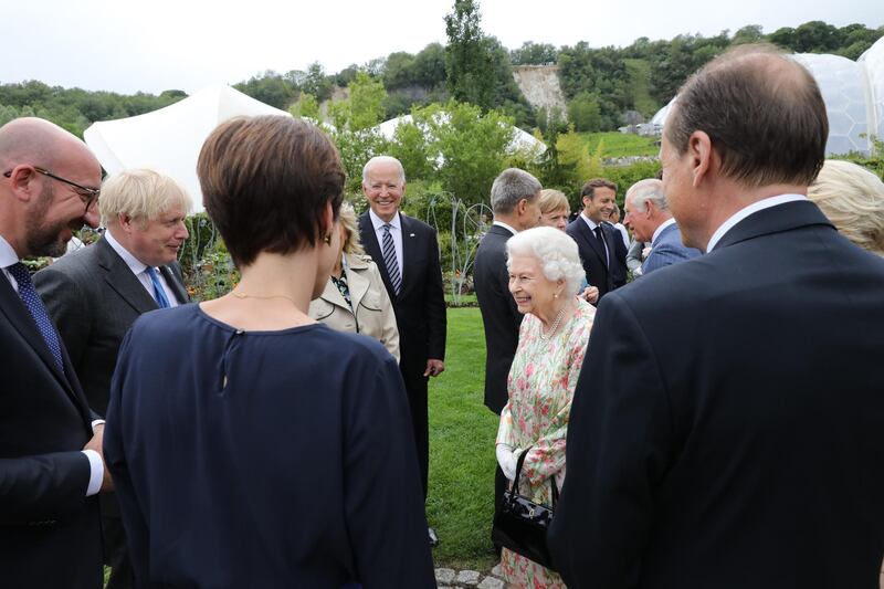 President of the European Council Charles Michel, British Prime Minister Boris Johnson, US President Joe Biden, Queen Elizabeth II and Prince Charles, Prince of Wales, chat at a drinks reception at The Eden Project. Getty Images