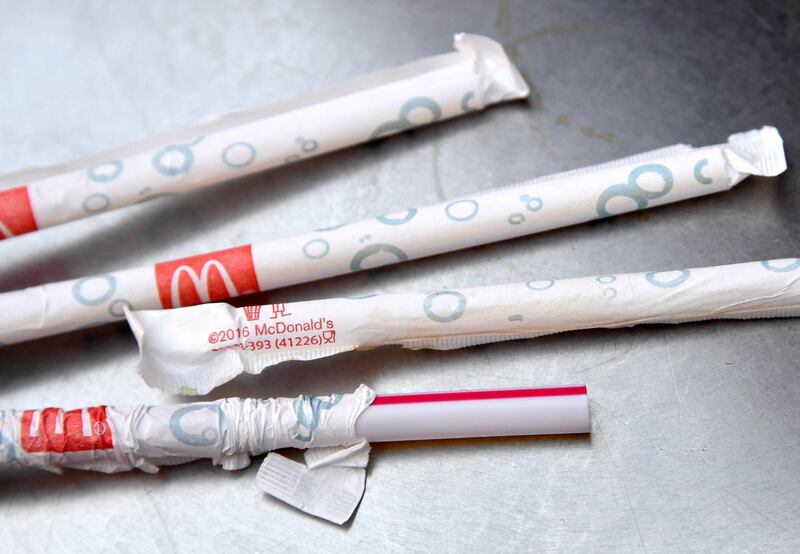 Plastic straws can be seen at a McDonald's restaurant, after it was revealed that they are to replace their plastic straws with paper ones in UK and Ireland restaurants, in London, Britain, June 15, 2018. REUTERS/Toby Melville