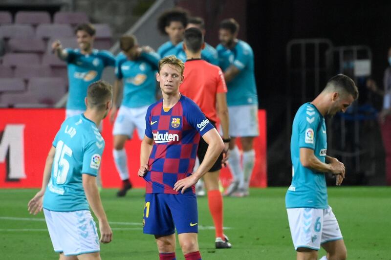 Barcelona's Frenkie De Jong reacts to Osasuna's second goal at the Camp Nou. AFP