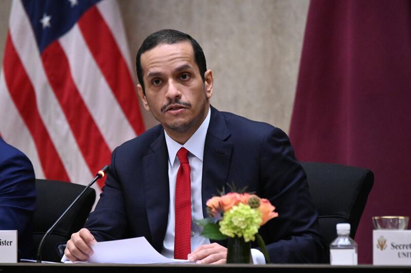 Qatar's Deputy Prime Minister Mohammed bin Abdulrahman Al Thani speaks during the third annual U.S.-Qatar Strategic Dialogue at the State Dept., Monday, Sept. 14, 2020 in Washington. (Erin Scott/Pool via AP)