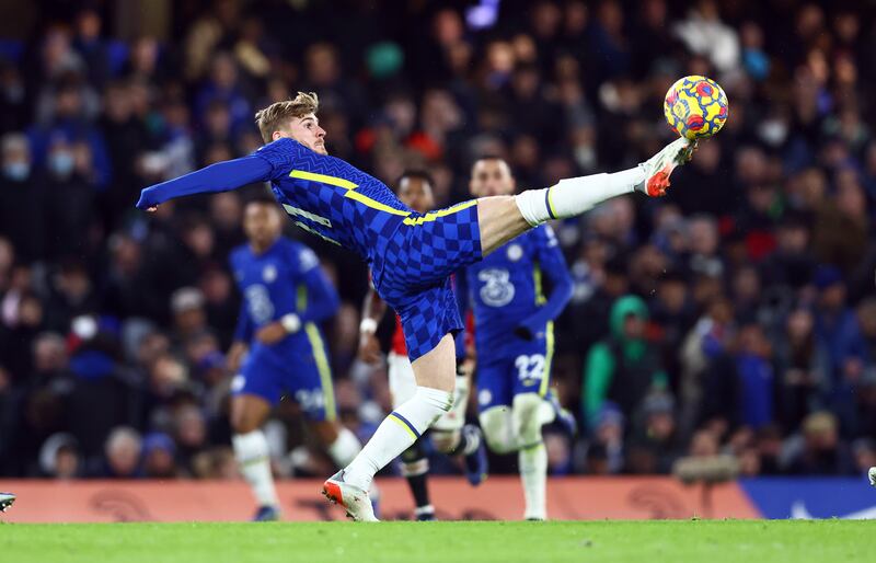 Chelsea forward Timo Werner stretches to control the ball. Reuters