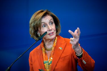 Nancy Pelosi, Speaker of the U. S.  House of Representatives, participates in the press conference following the meeting of the parliamentary presidents of the G7 countries and the European Union in the Bundestag in Berlin, Friday, Sept 16, 2022.  (Michael Kappeler / dpa via AP)