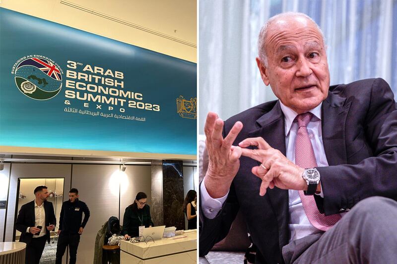 Ahmed Aboul Gheit, right, on Monday told the western world to 'wake up' to the war in Gaza, at the Arab-British Economic Summit in London. Matthew Davies and Victor Besa / The National