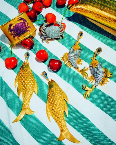 Sealife-inspired 24 karat gold-plated brass jewellery, encrusted with crystals and quartz, by Begum Khan. Photo: Begum Khan