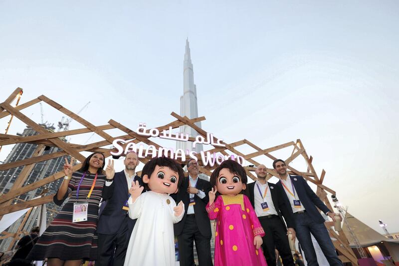 Dubai, United Arab Emirates - October 20, 2019: People have their picture taken with Rashid and Latifa at the One year to go celebrations. Sunday the 20th of October 2019. Burj Park, Dubai. Chris Whiteoak / The National