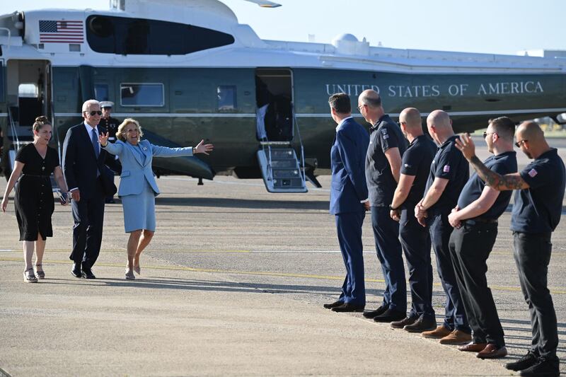 US President Joe Biden and first lady Jill Biden prepare to leave the UK at Heathrow Airport, near London, following the G7 summit in Cornwall. AFP