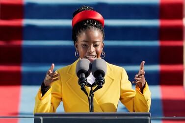 American poet Amanda Gorman recites her work during the 59th Presidential Inauguration at the US Capitol in Washington, DC. Reuters