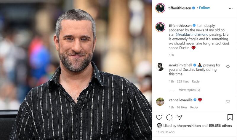 Tiffani Thiessen, who played Kelly Kapowski in 'Saved By the Bell', shared a recent photo of the late actor Dustin Diamond, as she paid tribute. Instagram