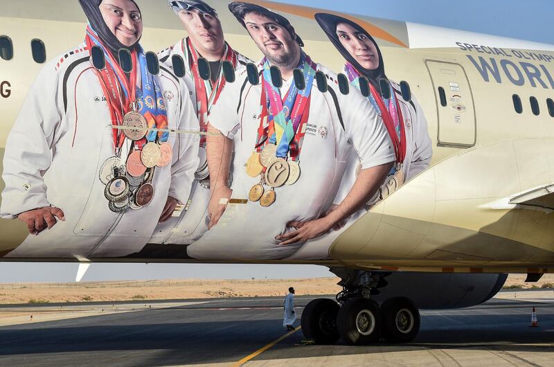 An Etihad aircraft decorated to celebrate the Special Olympics World Games is seen at the Saudi International Airshow in Riyadh, Saudi Arabia. AFP