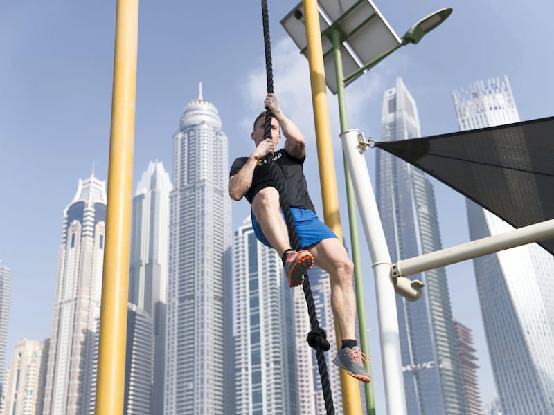 DUBAI, UNITED ARAB EMIRATES - OCT 18:

Dubai based Norwegien XDubai athlete Hallvard Borsheim trains at SkyDive Dubai Athelete's park. He is encouraging people to sign up for 30 day fitness challenge. He will compete in the upcoming 2017 Spartan race in Hatta.

(Photo by Reem Mohammed/The National)

Reporter: Nick Webster
Section: NA