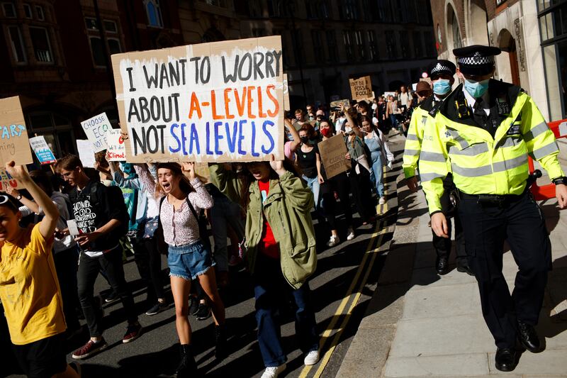 Young activists march through Westminster in UK capital London during a global 'climate strike' demonstration, part of the global Fridays for Future movement. AP Photo