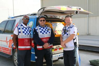 Bradley Jones, National Ambulance Operations Manager in the Northern Emirates and paramedic, Mowafaq Al Omoush, Team Leader and EMT with Jason Coyne, Operations Manager in Northern Emirates and paramedic.Courtesy National Ambulance