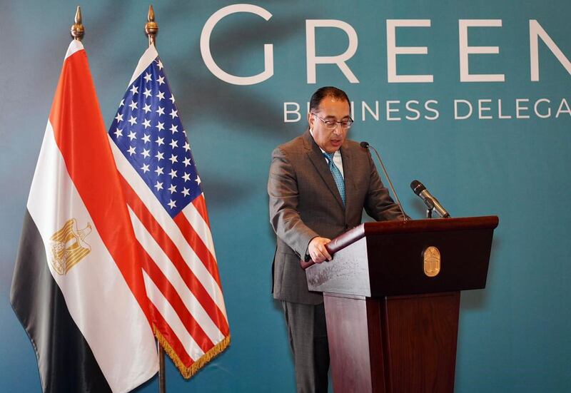 Egyptian Prime Minister Mostafa Madbouly at a US GreenTech business delegation event in Cairo on Monday. Photo: American Chamber of Commerce in Egypt