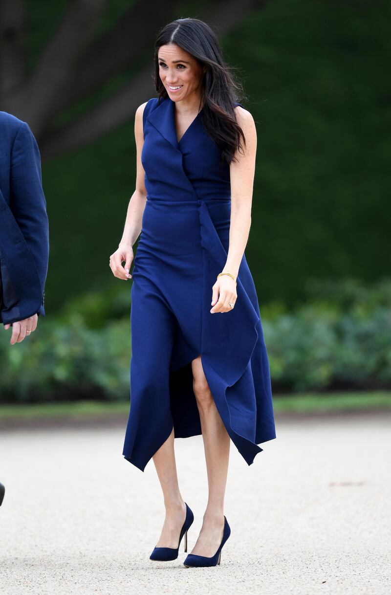 This navy folded dress she wore in Melbourne is from Aussie designer Dion Lee's pre-fall 2019 collection