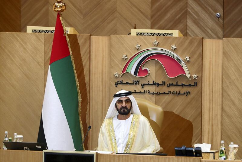 ABU DHABI , UNITED ARAB EMIRATES , Nov 14 – 2019 :-  Sheikh Mohammed bin Rashid Al Maktoum, UAE Vice President, Prime Minister and Ruler of Dubai during the first meeting of the Federal National Council held at FNC office in Abu Dhabi. ( Pawan Singh / The National )  For News. Story by Haneen