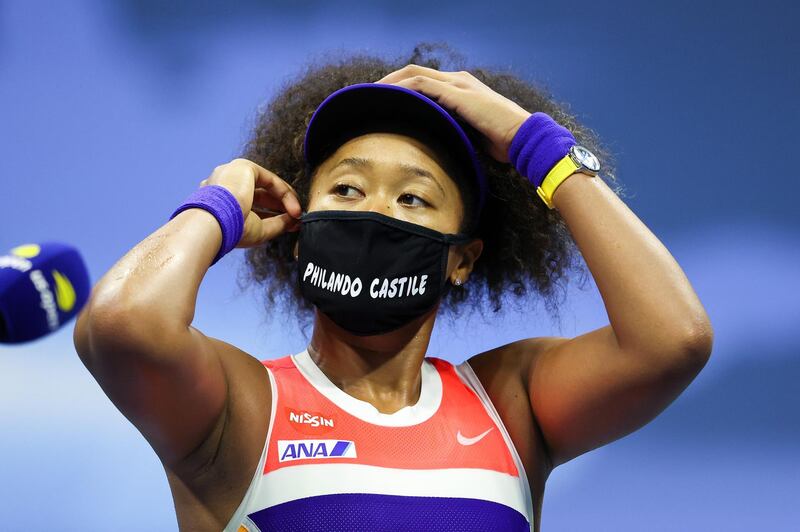 NEW YORK, NEW YORK - SEPTEMBER 10: Naomi Osaka of Japan speaks after winning her Women's Singles semifinal match against Jennifer Brady of the United States on Day Eleven of the 2020 US Open at the USTA Billie Jean King National Tennis Center on September 10, 2020 in the Queens borough of New York City.   Al Bello/Getty Images/AFP