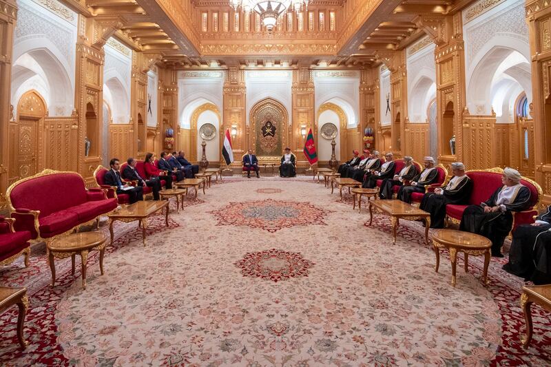 Sultan Haitham and Mr El Sisi meet in Oman alongside Omani and Egyptian officials.