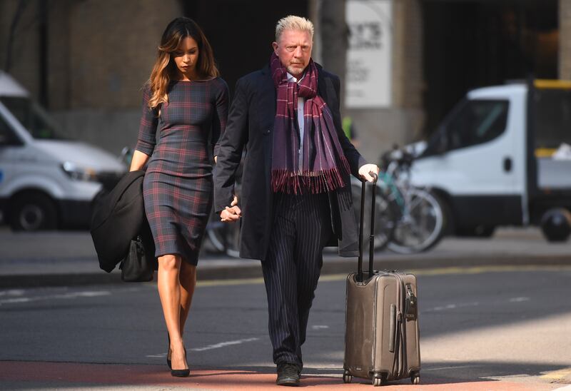 Former Wimbledon champion Boris Becker arrives with his partner Lilian de Carvalho at Southwark Crown Court in London. EPA