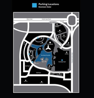 Map of parking in Downtown Dubai for New Year's Eve 2019 celebrations.