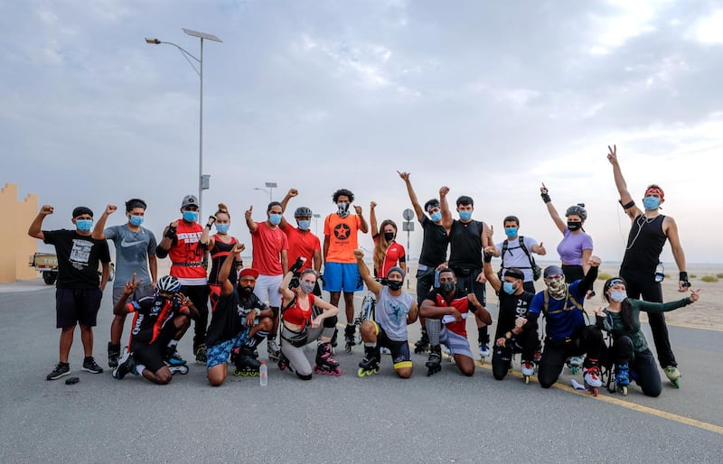 Abu Dhabi, United Arab Emirates, August 21, 2020.   The Madrollers skating group at the Al Wathba Bicycle Track do a  8 km. fun sprint.
  The skating group has members from Dubai and Abu Dhabi.  They encourage safety and discipline on roller-skates, skateboard, long-board and bicycles.
Victor Besa /The National
Section:  Photo Project
Reporter: