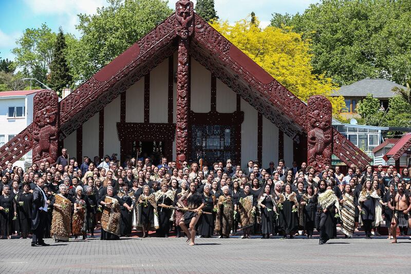 Prince Harry and Meghan receive a traditional Mori Ceremonial Welcome at the Tamatekapua meeting house, at Te Papaiouru Marae in Rotorua. Getty Images