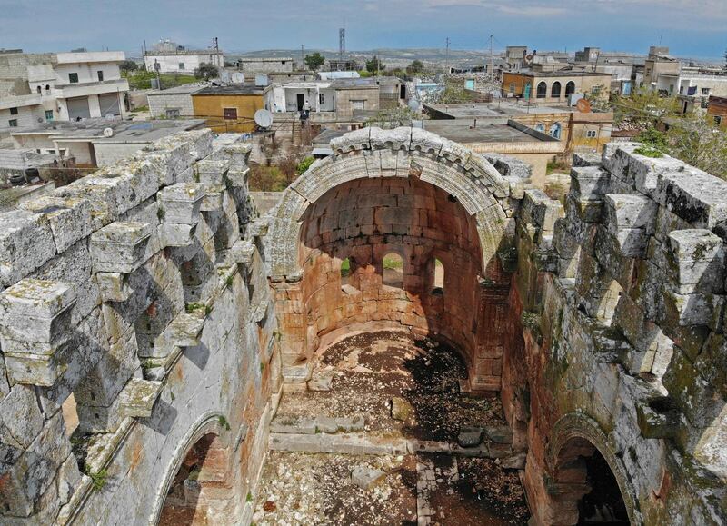 An aerial view shows the 5th century basilica in Qalb Loze village in northwestern Syria. AFP