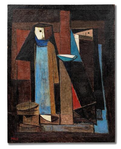 Faeq Hassan's Cubist-inspired 'El-Allabat (The Curd Sellers)', painted in the early 1950s, is expeced to achieve $35,000-69,000. Courtesy Bonhams