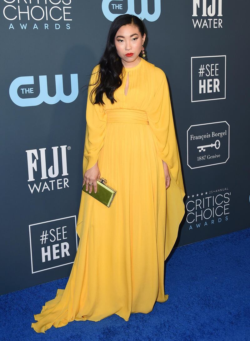 Awkwafina, wearing Elie Saab, arrives at the 25th annual Critics' Choice Awards on Sunday, January 12, 2020. AP