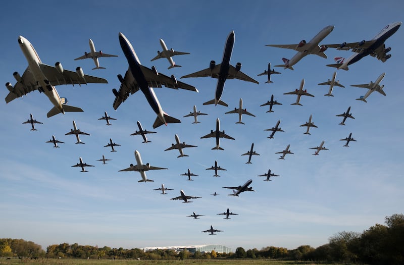 A composite photo shows planes taking off from Heathrow in November 2016. Forty-two planes were captured between 10.17am and 11.17am and a montage was created from those single images